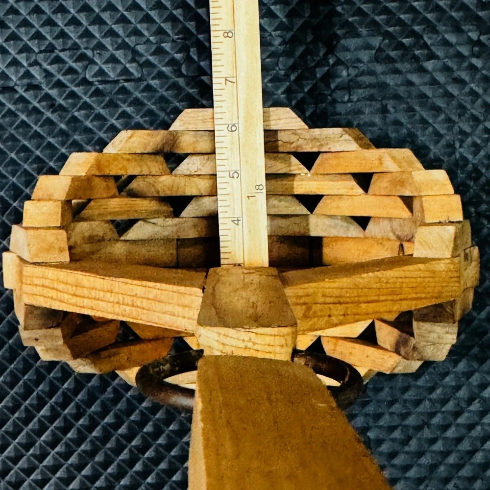Vintage Hanging Basket MCM Wood Slat Articulated Ring Handle Handmade Folk Art
